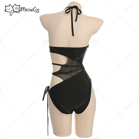 Meowcos Women Gothic Sexy Swimsuits for Women Halter Mesh Cutout One-Piece Swimsuit Tummy Control Bathing Suit