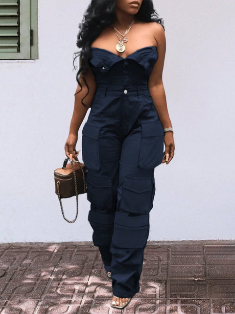 Solid Color Casual Overalls Jumpsuit, Sexy Straight Tube Tube Top Long Jumpsuit, With Pockets, Women's Wear