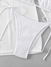 2025 Beach Skirt Swimsuit Women White Three-Piece Bikini Sexy Mesh Long Sleeve Hollow Out Bathing Suit Swimwear Summer Beachwear