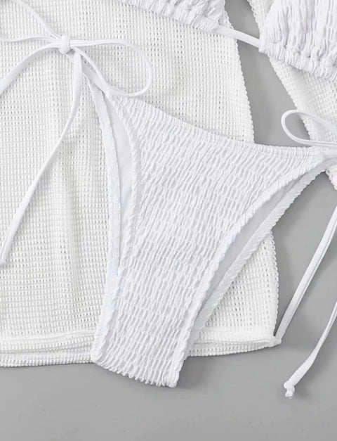 2025 Beach Skirt Swimsuit Women White Three-Piece Bikini Sexy Mesh Long Sleeve Hollow Out Bathing Suit Swimwear Summer Beachwear