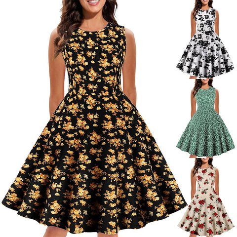 Retro Floral Print Summer Dress For Women Elegant Swing Rockabilly Party Dresses Sleeveless Casual Swing Evening Midi Dress