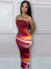 Echoine Tie Dye Print Strapless Skinny Long Dress Women Bodycon Sexy Party Evening Dresses Streetwear Vintage Vestidos Summer