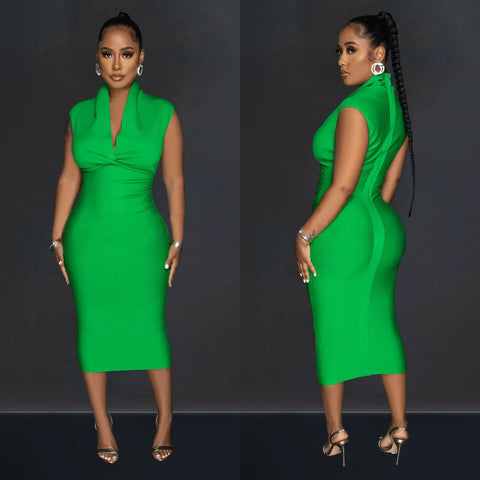 Women Draped Deep V-neck Sleeveless Bodycon Bandage Midi Dress 2023 Fashion Street Vestidos Sexy Party Evening Dresses
