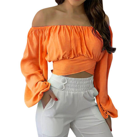 Women Sexy Off Shoulder Long Sleeve Top Self Tie Knot Crop Top Blouse Solid Color WoMen's Blouses Y2k Female Summer Shirts 블라우스