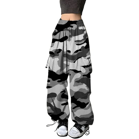 Womens Camouflage Cargo Pants American Streetwear Y2k Hip Hop Loose Baggy Trousers Street Casual Joggers Wide Leg Sweatpants