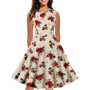 Retro Floral Print Summer Dress For Women Elegant Swing Rockabilly Party Dresses Sleeveless Casual Swing Evening Midi Dress