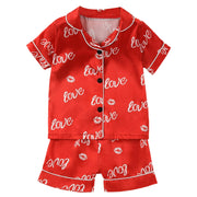 Kids Pajamas Set Silk Satin Kids Boys Girls Sleepwears Outfits Set Print Sleepwear Short Sleeve Blouse Tops+Pants 2PCS Pijamas
