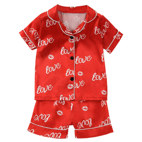 Kids Pajamas Set Silk Satin Kids Boys Girls Sleepwears Outfits Set Print Sleepwear Short Sleeve Blouse Tops+Pants 2PCS Pijamas