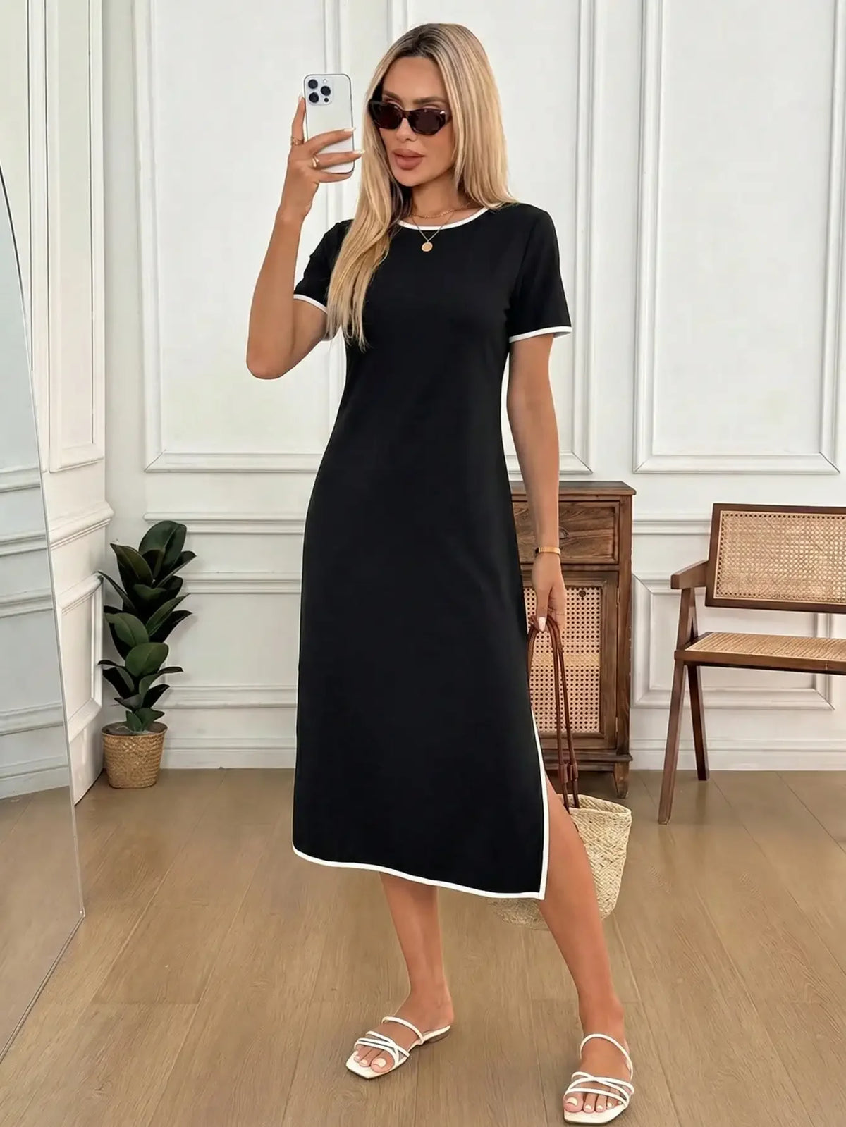 Contrast-Trim Side-Slit Midi T-Shirt Dress – main view