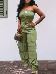 Solid Color Casual Overalls Jumpsuit, Sexy Straight Tube Tube Top Long Jumpsuit, With Pockets, Women's Wear