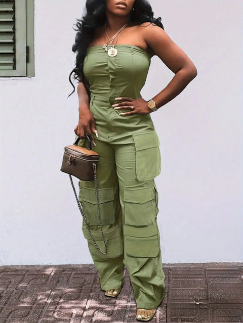 Solid Color Casual Overalls Jumpsuit, Sexy Straight Tube Tube Top Long Jumpsuit, With Pockets, Women's Wear