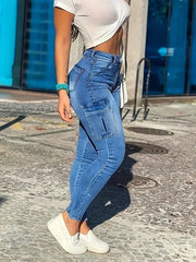 Clamshell Pocket Cargo Skinny Jeans, Casual Style Zipper Button Open and Close Jeans, Women Jeans and Clothing