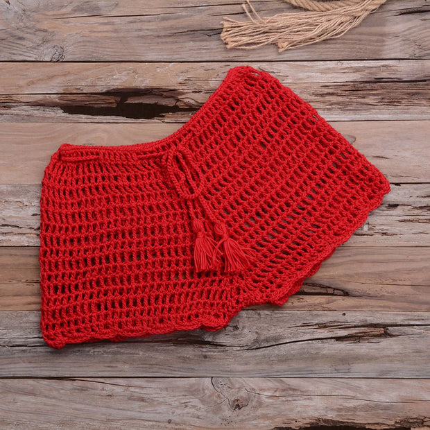 Women's Summer Solid Color Handwoven Crochet Bikini  Shorts Beach Swimming Pants Stretchable Strap Hollow Flat Corner Pants