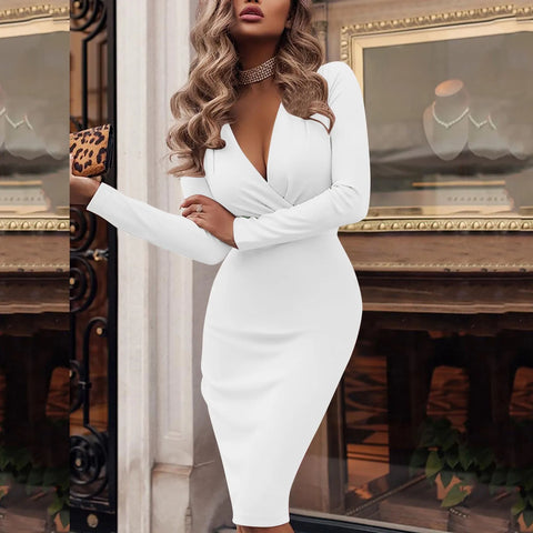 Evening Dress for Women Sexy Deep V Neck Long Sleeve Solid Bodycon Midi Dress Luxury Autumn Elegant Office Work Dresses