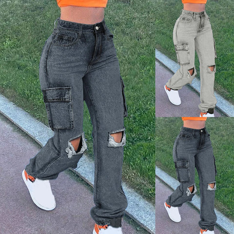Women'S Jeans New Trendy Fall Wholesale Casual Washed Baggy Pocket Cargo Straight Trousers Jeans Ladies Streetwear Black Denim
