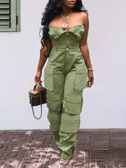 Solid Color Casual Overalls Jumpsuit, Sexy Straight Tube Tube Top Long Jumpsuit, With Pockets, Women's Wear