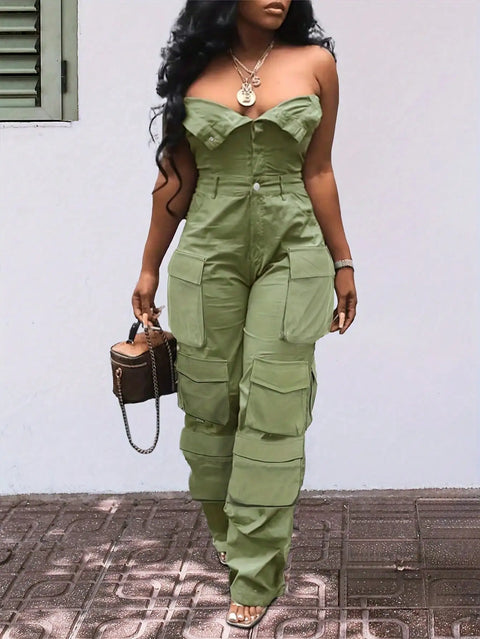 Solid Color Casual Overalls Jumpsuit, Sexy Straight Tube Tube Top Long Jumpsuit, With Pockets, Women's Wear