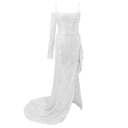 Elegant Sparkly Sequins Dresses Women 2023 Fashion Mermaid Slash Neck One Shoulder Wedding Prom Dress Slim Split Evening Dress