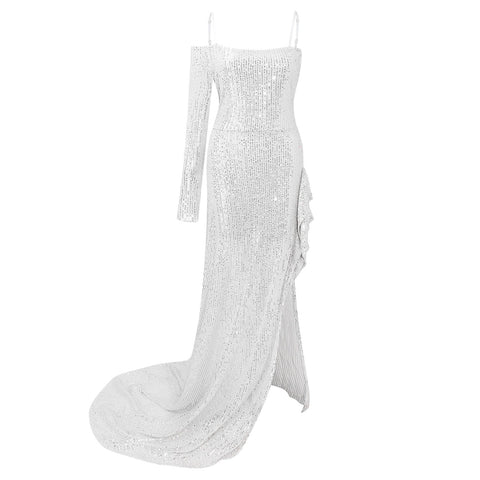 Elegant Sparkly Sequins Dresses Women 2023 Fashion Mermaid Slash Neck One Shoulder Wedding Prom Dress Slim Split Evening Dress