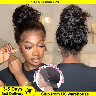 250 Density Invisible Strap 360 HD Full Lace Glueless Wig Deep Wave Frontal Wig Human Hair 30 Inch Water Wave Lace Front Wig