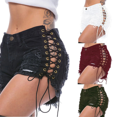 Retro 90s Gothic Punk Sexy Jeans Women Shorts Hollow Out Drawstring Hip Hop Streetwear Denim Shorts Ripped Tassels Hotpants 3XL
