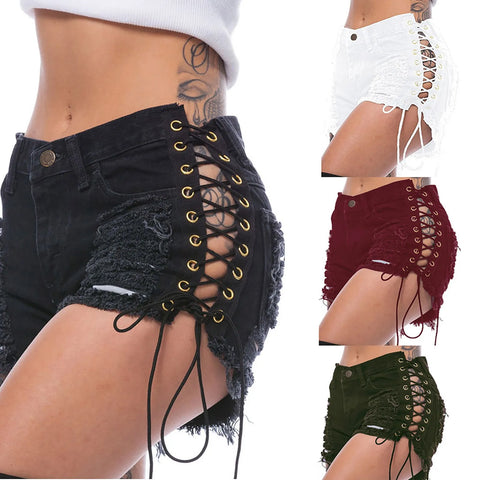 Retro 90s Gothic Punk Sexy Jeans Women Shorts Hollow Out Drawstring Hip Hop Streetwear Denim Shorts Ripped Tassels Hotpants 3XL