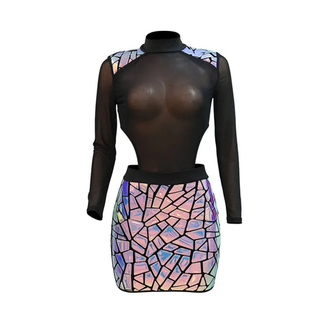 Women Full Sleeve Sequined Tassel Mini Dress Mesh See Through Sexy Evening Night Club Party Dresses Vestidos 2024 Autumn