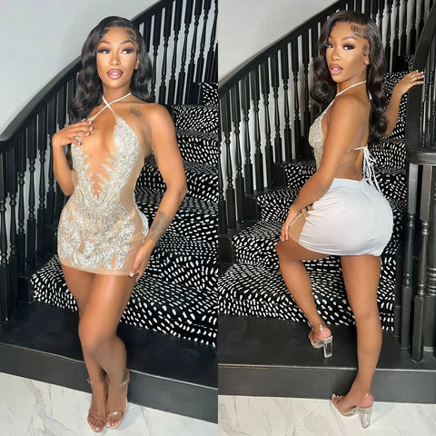 Echoine Spaghetti  Lace Up Halter V-neck Sheer Mesh Diamond Mini Dress Sexy Skinny Party Evening Night Club Dresses Vestidos