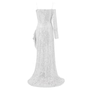 Elegant Sparkly Sequins Dresses Women 2023 Fashion Mermaid Slash Neck One Shoulder Wedding Prom Dress Slim Split Evening Dress