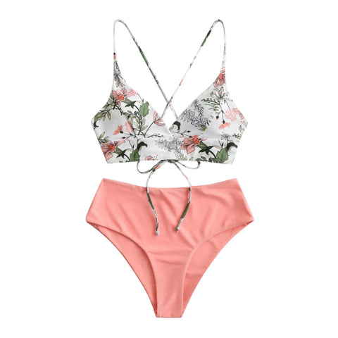 Summer Swimwear Women Bikini Sets Floral Printed Bandage Bathing Suits With Bra Padded Monokini Holiday Conservative Swimsuits