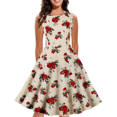 Retro Floral Print Summer Dress For Women Elegant Swing Rockabilly Party Dresses Sleeveless Casual Swing Evening Midi Dress