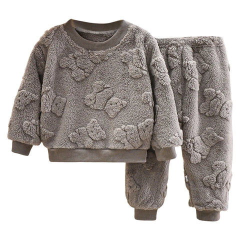 Autumn Winter Kids Thicken Warm Flannel Pajamas Baby Solid Long Sleeve Sleepwear Boys Girls Casual Clothes Sets Homewear Pyjamas