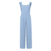 Women's Summer Sleeveless Cotton Linen Playsuits Strappy Side Button Opening Overalls Loose Long Wide Leg Pants Female Jumpsuits