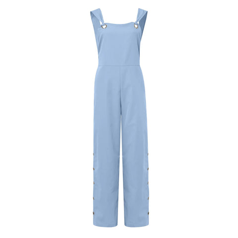 Women's Summer Sleeveless Cotton Linen Playsuits Strappy Side Button Opening Overalls Loose Long Wide Leg Pants Female Jumpsuits