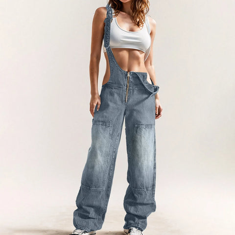 Women'S Workwear Denim Jumpsuit Adjustable Straps Loose Straight Wide Leg Jeans Work Clothes Ladies Fashion Versatile Overalls