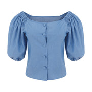 Summer Fashion Office Lady Camisas Blusas Sexy Off Shoulder Bubble Sleeved Denim T-shirt Blouse Beach Party Tops Streetwear