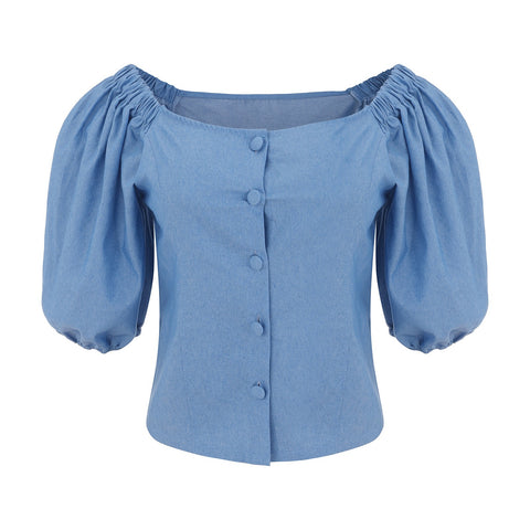 Summer Fashion Office Lady Camisas Blusas Sexy Off Shoulder Bubble Sleeved Denim T-shirt Blouse Beach Party Tops Streetwear