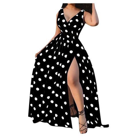 Elastic Waist V Neck Long Dress Sleeveless Print Side Slit Evening Party Dress Ladies Round Dot Printing Casual Sweet dress