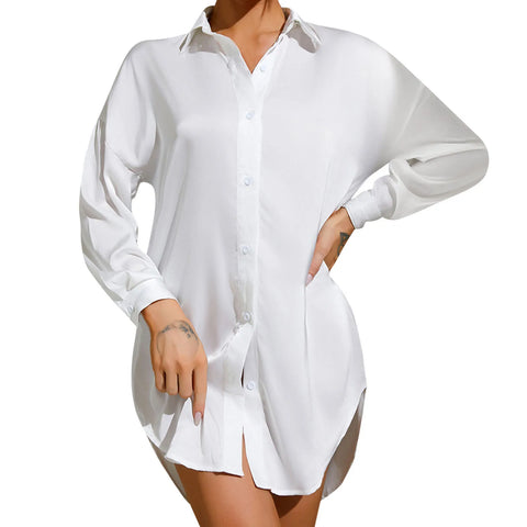 2024 Spring Summer Women'S Shirts Office Lady Blouse Ice Silk Pajamas Button Up Long Sleeve Shirts Women Black White Tee Shirts