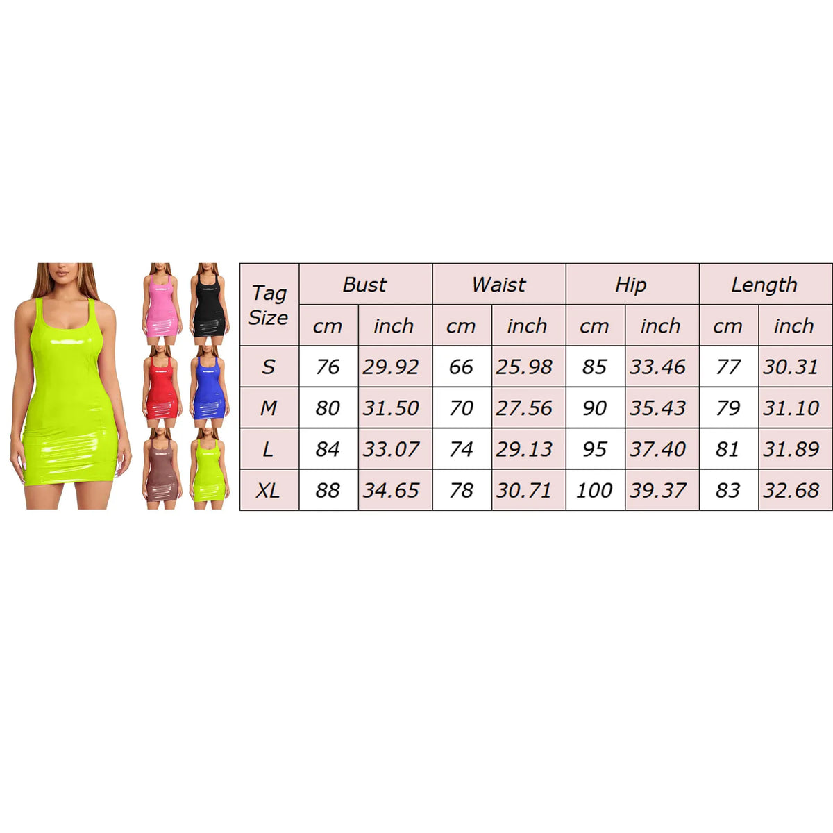 Glossy Faux Leather Bodycon Mini Dress size chart