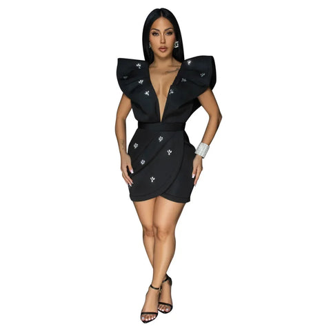 Women V-neck Petal Sleeveless Mini Dress Diamonds Ruched Bodycon Dresses Sexy Night Party Vestidos Fashion Evening