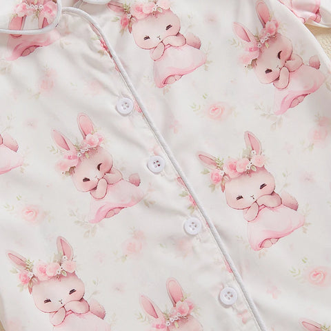 Summer Boy Girl Easter Satin Pajamas Set Bunny Print Short Sleeve Lapel Button Down Tops with Shorts Sleepwear