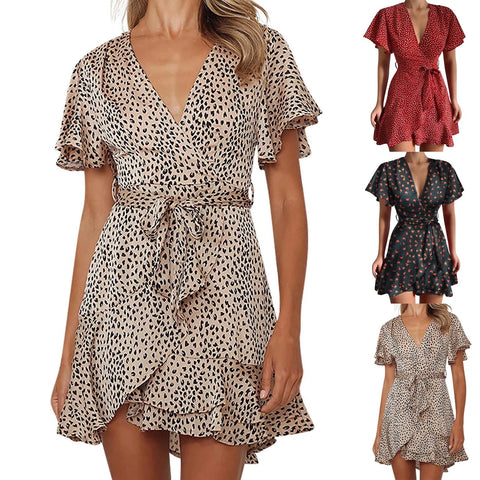 Women'S A-Line Dress V Neck Ruffled Waistband Wrapped With Printed Casual Dress Female Vintage Printing Casual Beach Dresses