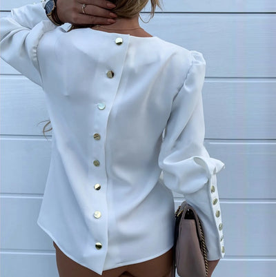 Fashion Backless Buttons Design Long Sleeve Shirts Women Elegant Stylish O-neck White Blouses Spring All-match Female Clothing
