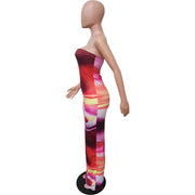 Echoine Tie Dye Print Strapless Skinny Long Dress Women Bodycon Sexy Party Evening Dresses Streetwear Vintage Vestidos Summer