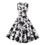 Retro Floral Print Summer Dress For Women Elegant Swing Rockabilly Party Dresses Sleeveless Casual Swing Evening Midi Dress