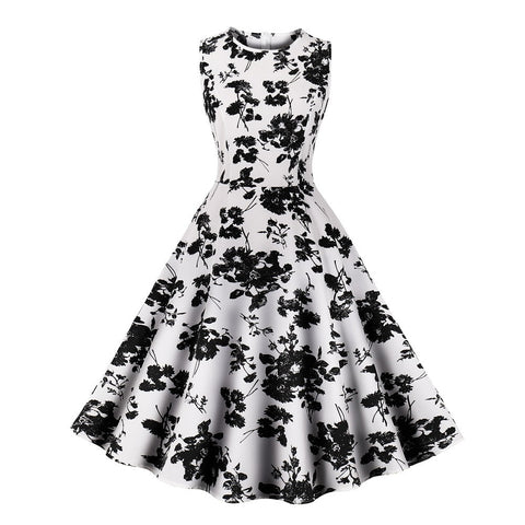 Retro Floral Print Summer Dress For Women Elegant Swing Rockabilly Party Dresses Sleeveless Casual Swing Evening Midi Dress
