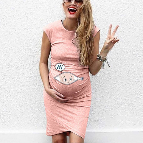 Summer Maternity Cartoon Baby Funny Print Dress, Casual Stretchy Short Sleeve Crew Neck Slim Fit Bodycon Long T-shirts