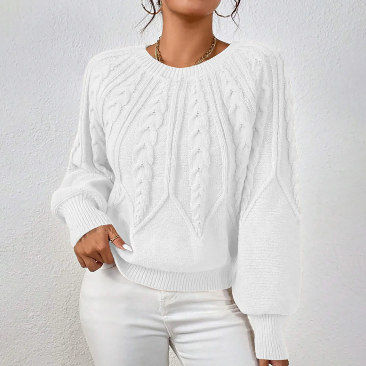 Cable Knit Puff Sleeve Crewneck Sweater – view 14 of 20