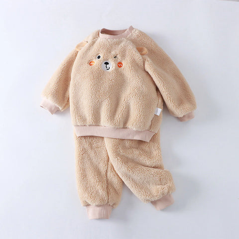 Kids Toddler Sleepwear Boys Girls Fleece Pajamas Set Winter Thickened Warm Sleepwear Set Homewear Tops+Pants Two Pieces Outfits